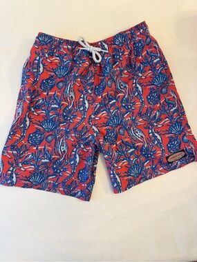 Vineyard Vines Boys Red & Blue Seahorse & Sea Creatures Print Swim Trunks Size L